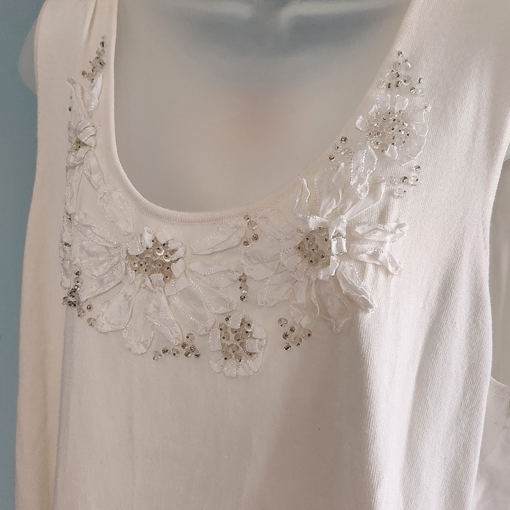Ruby Red Woman Cream Beaded Floral Women's Sleeveless Top
